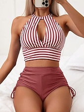 economico Tankini-Costume da bagno tankini 2 pezzi da donna arricciato slip controllo della pancia alta vita slim senza schiena vacanza mare abbigliamento a righe collo all'americana senza maniche