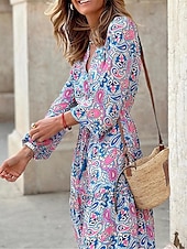 preiswerte Ausgefallene Kleider-Damen kleid lang Paisley-Kleid Casual kleid Boho Chic Kleider Boho-Kleid Böhmen Ethnisch A-Linie Urlaub Strasse Festtage Lockere Passform Paisley-Muster Langarm V Ausschnitt Rosa Blau Grün Sommer