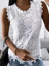 Women's Camisole Tank Top Eyelet top White Lace Shirt Women's Black White Pink Solid Color Lace Street Daily Fashion Round Neck S 8