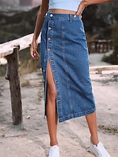 abordables Jupes-Femme Jupe Jupe mi-longue en jean Mode Décontractées Midi Taille haute Jupes Couleur Pleine Pointes fourchues Casual Quotidien Fin de semaine Noir bleu marine Bleu de minuit Eté Jean