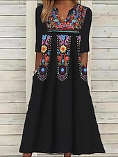 halpa Boho-mekko-Naisten Midimekko Etninen mekko Kesämekko Painatus mekko Vintage Etninen Viidakko ulko- Päivittäin Deitti Normaali Kukka Tribaali Puolihiha Halkaistu kaula Musta Kesä Kevät