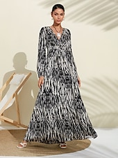 abordables Robe de cocktail-neva - robe longue trapèze en satin bulle à imprimé tacheté noir et blanc, col en V, manches longues