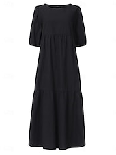 preiswerte Weiße Freizeitkleider-Damen mittellanges Kleid weiß gestuft Bohemian Stil kurze Puffärmel lässig fließend Strand Sommer atmungsaktive Baumwolle Kleidung Bekleidung