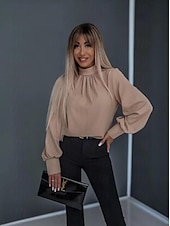 voordelige Elegante topjes-Overhemd Blouse Dames Zwart Wit Khaki Heldere kleur Gerimpeld Dagelijks Elegant Ronde Normale pasvorm S