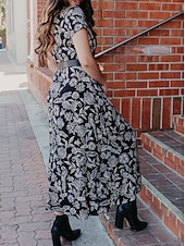cheap Print Casual Dress-Floral Crew Neck Maxi Dress