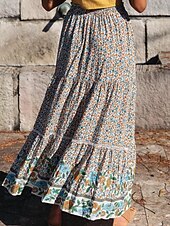 preiswerte Röcke-Damenrock A-Linie Swing Bohemia Maxirock mit hoher Taille Blumendruck Blumen Urlaub Sommer Casual Boho Aprikose Rot