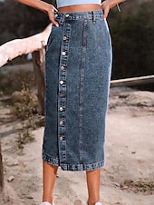 abordables Jupes-Femme Jupe Jupe mi-longue en jean Mode Décontractées Midi Taille haute Jupes Couleur Pleine Pointes fourchues Casual Quotidien Fin de semaine Noir bleu marine Bleu de minuit Eté Jean