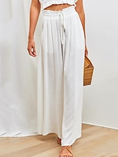 abordables Pantalon en coton et lin-Femmes Jambe large Pantalon en coton et lin Pantalons Mode Longueur complète Trèfle Cordon de serrage Poches Latérales in in france they say Pontalon wide leg Respirabilité Confortable Non Elastique