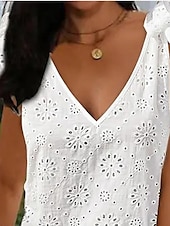 baratos Vestidos de renda branca-vestido de trabalho feminino vestido branco vestido linha elegante trabalho diário moda mini vestido bordado oco decote em v sem mangas floral geométrico solto ajuste branco verão primavera s m l xl