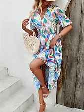 abordables Robes fleuries décontractées-robe décontractée pour femme imprimé floral col en V robe midi ethnique bohème vacances manches courtes été