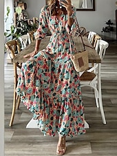 preiswerte Ausgefallene Kleider-Damen kleid lang Paisley-Kleid Casual kleid Boho Chic Kleider Boho-Kleid Böhmen Ethnisch A-Linie Urlaub Strasse Festtage Lockere Passform Paisley-Muster Langarm V Ausschnitt Rosa Blau Grün Sommer