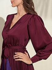 cheap Print Casual Dress-Women&#039;s Satin Dress Hem Maxi Purple Long Sleeve Geometic Button Tie Belt Spring V Neck Maxi Dress S M L