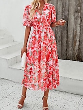 abordables Robes fleuries décontractées-robe décontractée pour femme imprimé floral col en V robe midi ethnique bohème vacances manches courtes été