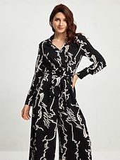 cheap Jumpsuits-Marble Graffiti Playsuit Shirt Collar Long Sleeve Jumpsuit