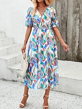 abordables Robes fleuries décontractées-robe décontractée pour femme imprimé floral col en V robe midi ethnique bohème vacances manches courtes été
