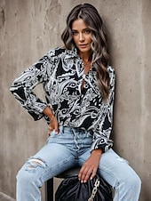 abordables Tops Boho pour Femmes-Chemise Femme Manches Longues Blouse à Boutons Mode Imprimé Paisley Classique Regular Tops Col Chemise Décontracté Noir Printemps  Automne