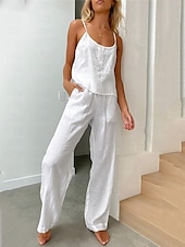 abordables Conjuntos-Conjuntos de pijama de dos piezas para mujer, sencillos, básicos, cómodos, de color puro, de algodón y lino, con tirantes, para uso diario en casa, para cama, sin mangas, con tirantes, en blanco, azul, gris claro, gris oscuro, para verano.