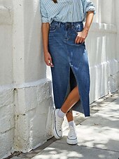 abordables Jupes unies-Femme Jupe Trapèze Jupe mi-longue en jean Mode Décontractées Midi Taille haute Jupes Couleur Pleine Poche Pointes fourchues Plein Air du quotidien Bleu Bleu clair Eté Jean