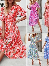 abordables Robes fleuries décontractées-robe décontractée pour femme imprimé floral col en V robe midi ethnique bohème vacances manches courtes été
