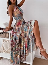 billige Boho-kjoler-Dame Lang kjole Maxikjole Uformell kjole Boho elegante kjoler Boho-kjole Bohem Gatemote A-linje Feriereise Gate Ferie Normal Blomstret Paisly Ermeløs Grimehals Rød Blå Sommer