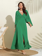 economico Abiti per le feste-abito lungo in chiffon per feste/invitati a matrimoni da donna, verde, scollo a V, maniche a dolman, design a mantello, per stupire 2024