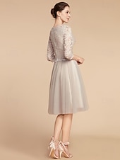 cheap Mother of the Bride-A-Line Mother of the Bride Dress Wedding Guest Elegant Petite Crew Neck Knee Length Lace Tulle Half Sleeve with Pleats Solid Color 2025