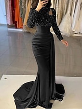 preiswerte BLAU-Meerjungfrau Abendkleid Pailletten Elegantes Kleid Formal Sweep  Brush Zug Lange Ärmel Hoher Hals Satin mit Perlen Maskeradenkleid 2025