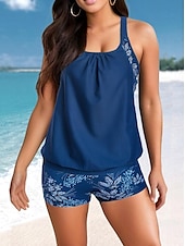 abordables Tankinis-Femmes Maillots de Bain 2 pièces Shorts Maillot de bain Dos nu Vacances Tenues de plage Graphique Col en U Sans manches Maillots de bain