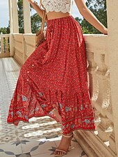 billiga Kjolar-Dam Kjol A-linje Gunga Böhmen Mode Ledigt Boho Maxi Hög midja Kjolar Blommig Snörning Mönster Kluvna toppar Semester Dagligen Gul Rubinrött Grön Sommar Konstsilke