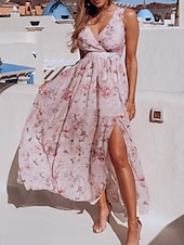 billiga Eleganta blommiga klänningar-Dam Långklänning Maxiklänning Vardagsklänning Swingklänning A linjeklänning Sommarklänning Hawaiisk Maxi Boho Semester Gata Helgdag Normal Blommig Ärmlös V-hals Gul Rodnande Rosa Grön Ljusblå Sommar