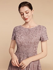 cheap Tea Length-A-Line Mother of the Bride Dress Wedding Guest Elegant Petite Jewel Neck Tea Length Lace Tulle Short Sleeve with Ruching Flower 2025 free custom size