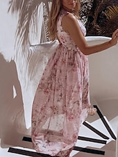 billiga Eleganta blommiga klänningar-Dam Långklänning Maxiklänning Vardagsklänning Swingklänning A linjeklänning Sommarklänning Hawaiisk Maxi Boho Semester Gata Helgdag Normal Blommig Ärmlös V-hals Gul Rodnande Rosa Grön Ljusblå Sommar