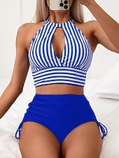 economico Tankini-Costume da bagno tankini 2 pezzi da donna arricciato slip controllo della pancia alta vita slim senza schiena vacanza mare abbigliamento a righe collo all'americana senza maniche