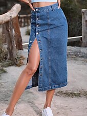 abordables Jupes-Femme Jupe Jupe mi-longue en jean Mode Décontractées Midi Taille haute Jupes Couleur Pleine Pointes fourchues Casual Quotidien Fin de semaine Noir bleu marine Bleu de minuit Eté Jean
