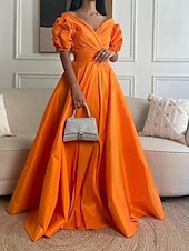 preiswerte ORANGE-A-Linie Abendkleid Elegantes Kleid Formelles Ballkleid Bodenkurz 3/4-lange Ärmel Herzform Satin mit Gerafftem 2025