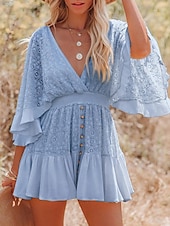 cheap White Lace Dresses-Women&#039;s Mini Dress White Dress Lace Dress Boho Chic Dresses Boho Dress Bohemia A Line Date Regular Fit 3/4 Length Sleeve V Neck Black White Yellow Pink Summer Spring