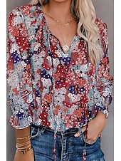 economico Tops Boho-camicia da donna camicia boho camicetta moda floreale geometrico con lacci stampa manica lunga top regolari scollo a V casual festa nero bianco rosa vino rosso primavera&amp;amp;  autunno