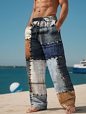 cheap Men&#039;s Printed Casual Pants-Plaid Color Block Men&#039;s Resort 3D Printed Casual Pants Trousers Elastic Waist Drawstring Loose Fit Straight-Leg Summer Beach Pants S TO 3XL