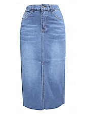 abordables Jupes unies-Femme Jupe Trapèze Jupe mi-longue en jean Mode Décontractées Midi Taille haute Jupes Couleur Pleine Poche Pointes fourchues Plein Air du quotidien Bleu Bleu clair Eté Jean