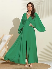 economico Abiti per le feste-abito lungo in chiffon per feste/invitati a matrimoni da donna, verde, scollo a V, maniche a dolman, design a mantello, per stupire 2024