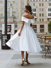 baratos Vestidos Brancos Curtos-Vestidos de Noiva Simples Vestidos Brancos de Cetim Vestidos A-Line Ombros Descidos Formais com Manga Curta Comprimento Chá com Cor Sólida 2025