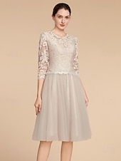 cheap Mother of the Bride-A-Line Mother of the Bride Dress Wedding Guest Elegant Petite Crew Neck Knee Length Lace Tulle Half Sleeve with Pleats Solid Color 2025
