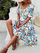 abordables Robes fleuries décontractées-robe décontractée pour femme imprimé floral col en V robe midi ethnique bohème vacances manches courtes été