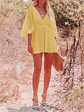 cheap White Lace Dresses-Women&#039;s Mini Dress White Dress Lace Dress Boho Chic Dresses Boho Dress Bohemia A Line Date Regular Fit 3/4 Length Sleeve V Neck Black White Yellow Pink Summer Spring
