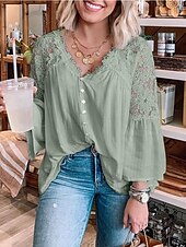 preiswerte Basic-Damenoberteile-Hemd Boho-Shirt Spitzenhemd Bluse Damen Schwarz Weiß Rosa Feste Farbe Spitze Taste Strasse Täglich Modisch V Ausschnitt S