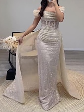 olcso Bálruhá Estélyi ruhák-Minta Prom Ruhák Elegáns Ruha Formális Prom Padló Hosszú Rövid Ujjú Vállról Lezser Strasszos Ráncos Maszkabál Ruha
