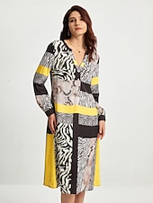 cheap Print Casual Dress-Satin Casual Leopard Print V Neck Midi Dress