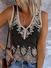 economico Top e canotte da donna-Top in camicia senza maniche per donne stile bohemien paisley scollo a V casual aderente a coste nero crema abbigliamento per l&#039;estate