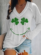 ieftine Tricouri St Patrick-Pentru femei Tricou trifoi alb Modă Manșon Lung În V Topuri obișnuite Ziua Sf. Patrick Casual Imprimeu Verde Crud Alb Verde Deschis Verde Închis Trifoi Primăvara &amp; toamnă