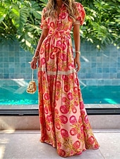 abordables Robes de vacances-robe décontractée pour femme à fleurs à lacets boutonnée col chemise robe midi bohème vacances manches courtes été